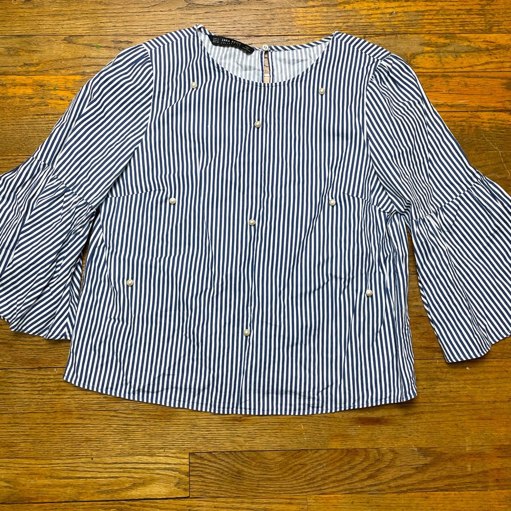 Striped pearl blouse (navy blue)